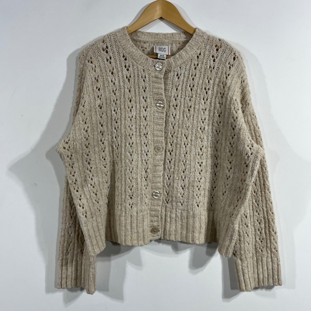 BDG Parisian Coquette Pointelle Chunky Knit Fisherman Cardigan Sweater Medium